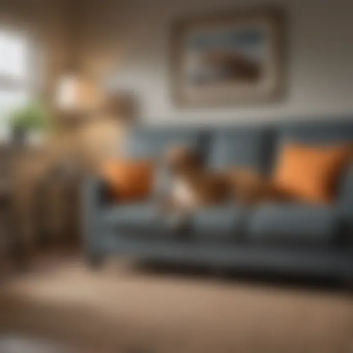 A serene living room with a pet resting peacefully on the couch, illustrating a bug bomb application.