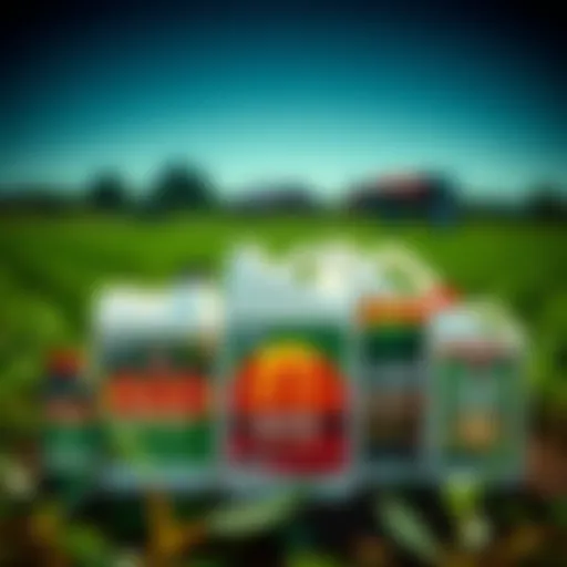 Illustration of various 2,4-D herbicide brands showcasing their packaging designs.