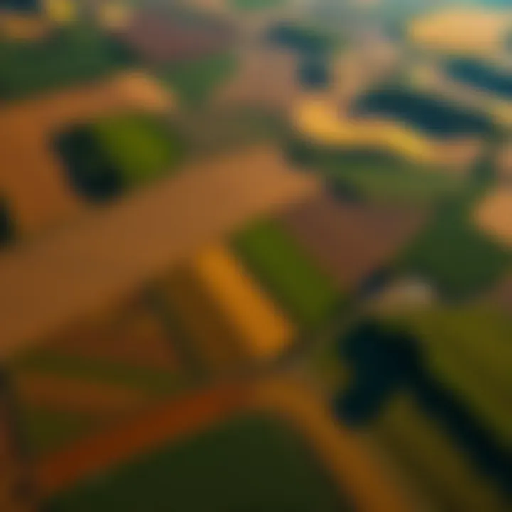 Aerial view of a vast agricultural landscape showcasing crop patterns