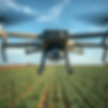 Close-up of a drone capturing imagery over cultivated fields