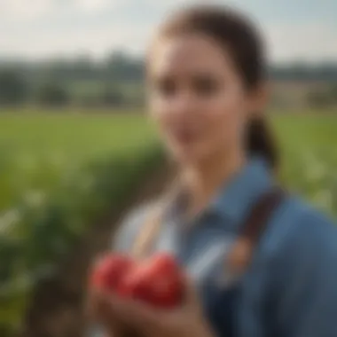 A young professional working in a vibrant agricultural field surrounded by crops.