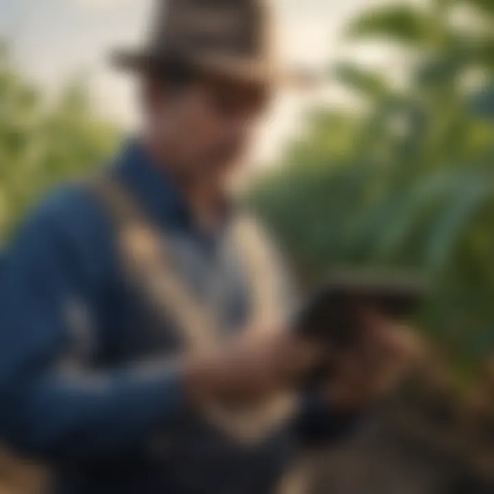 Close-up of a farmer examining crops with a tablet in hand