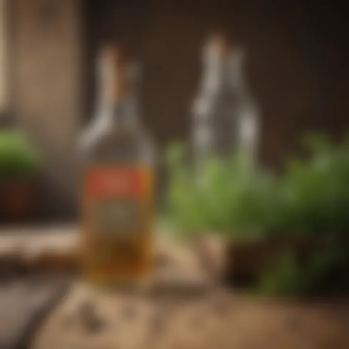 Bottle of vinegar with herbs on a wooden table