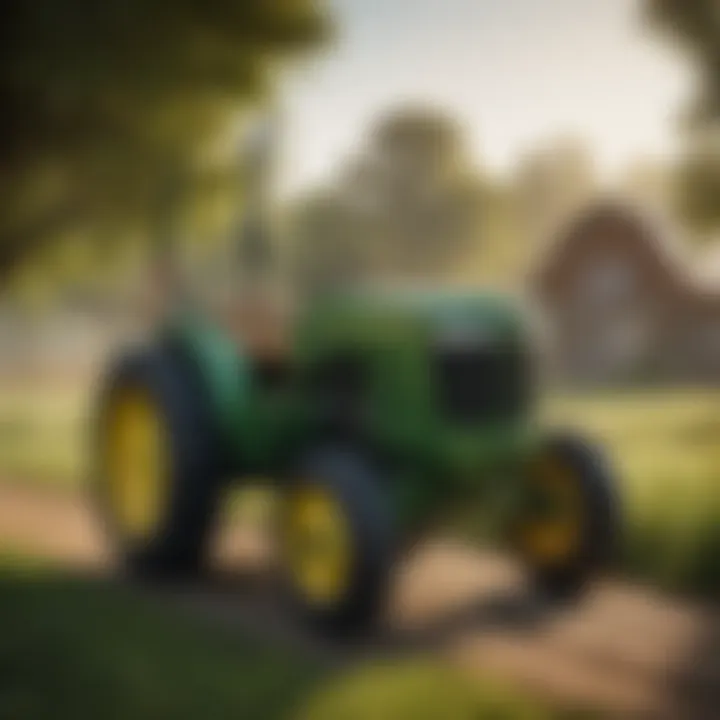 A pristine used John Deere compact tractor in a rural setting