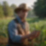 A farmer evaluating crops in a field