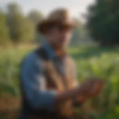 A farmer evaluating crops in a field