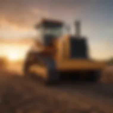 A big dozer operational in a field during sunset