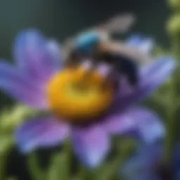 A vibrant blue bee perched on a colorful flower.