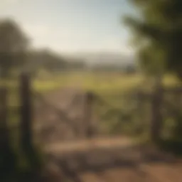 A sturdy cattle gate set against a picturesque farm landscape