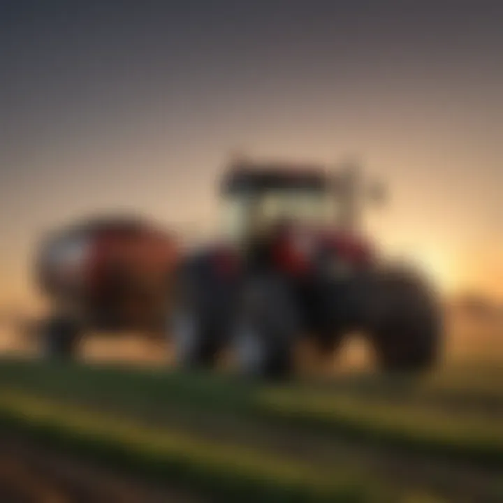 Advanced Case IH sprayer in a field during a sunset.