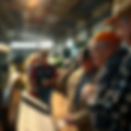 Auction attendees examining agricultural equipment