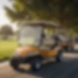 A scenic view of a golf course with electric golf carts lined up