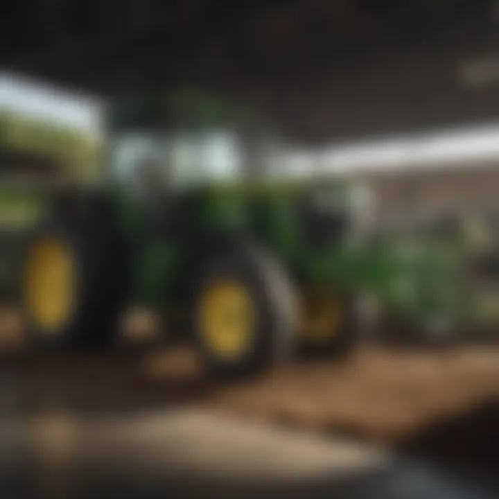 A display of advanced agricultural equipment at a John Deere dealership