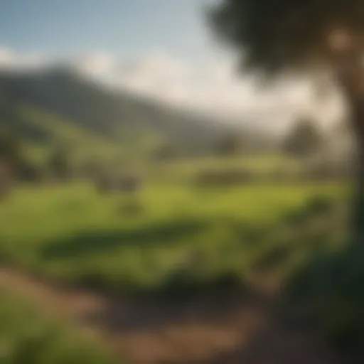 A picturesque view of an organic dairy farm in California with grazing cows and lush green pastures.