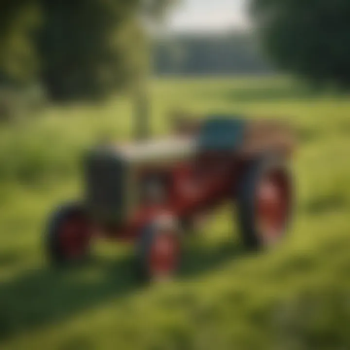 Stylish pedal tractor wagon in a lush green field