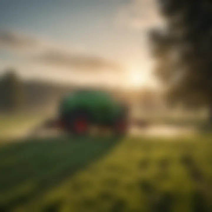 Wide-angle shot of a pull behind sprayer in action across a lush green field.