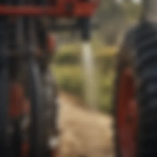 Close-up view of a pull behind agricultural sprayer showing its intricate nozzle system.