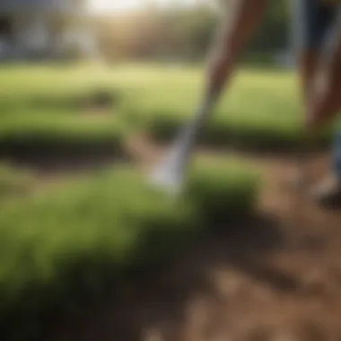 A gardener applying fertilizer to a newly planted Bermuda grass area