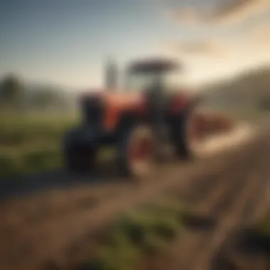 A tractor equipped with various implements during use