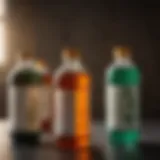 A close-up view of various insecticide concentrates in clearly labeled bottles