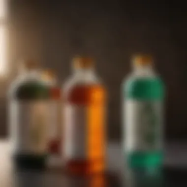 A close-up view of various insecticide concentrates in clearly labeled bottles