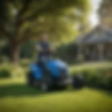 User operating the blue electric lawn mower in a lush garden