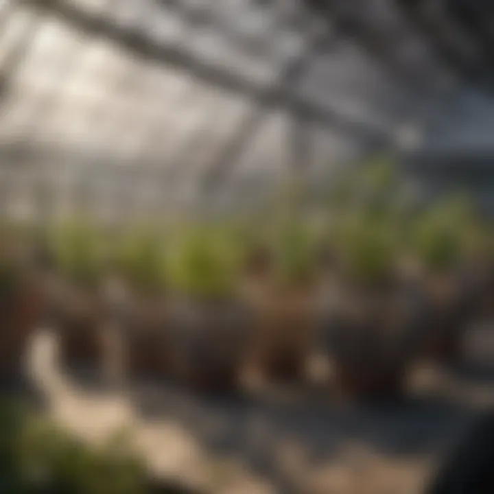 Netted pots arranged in a greenhouse setting