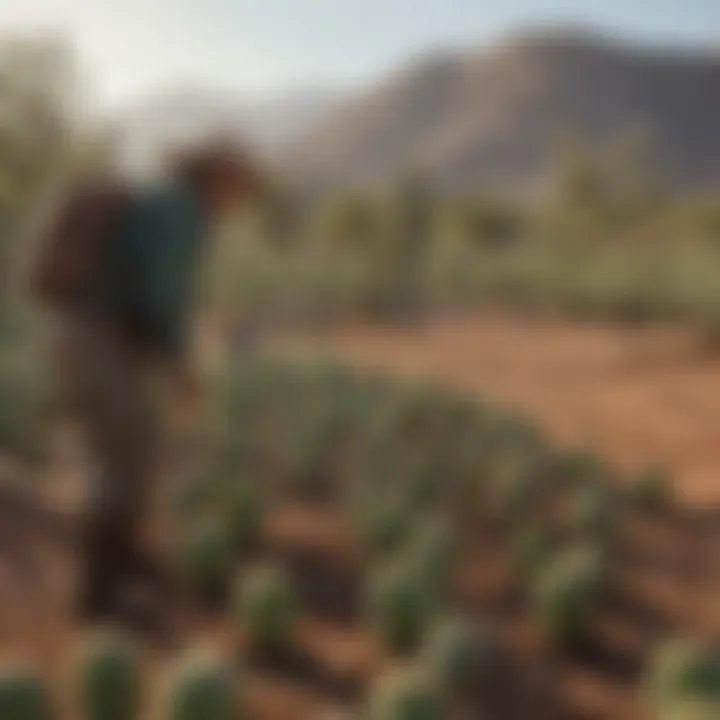 Farmers tending to a cactus plantation, emphasizing sustainable agricultural practices.