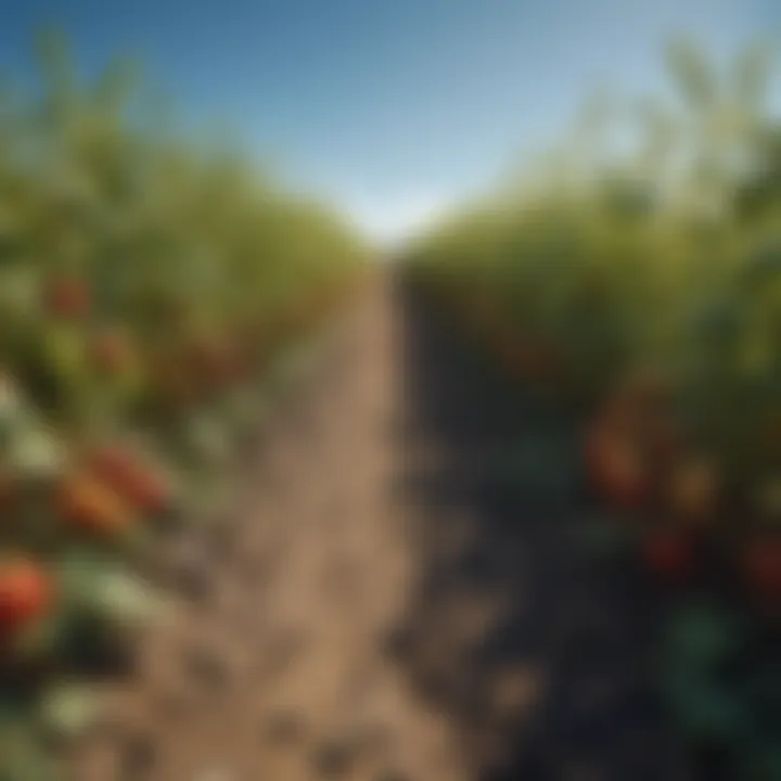 A lush organic farm with diverse crops growing under blue skies