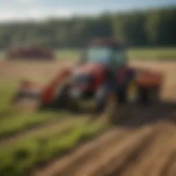 Used tractor with loader attachment in a field