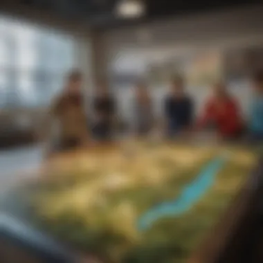 Tourists engaging with an interactive map at the Welcome Center