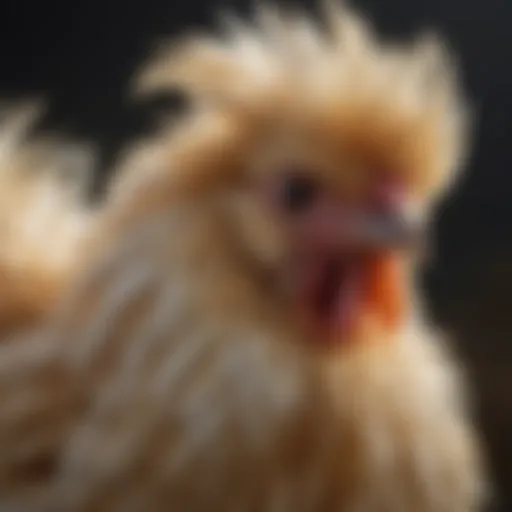 A close-up view of a Silkie chicken showcasing its unique feathers