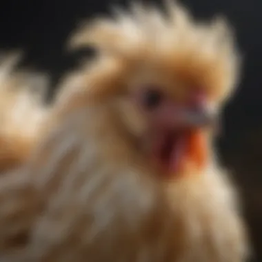 Unique Feather Structure of Silkie Chickens A close-up view of a Silkie chicken showcasing its unique feathers