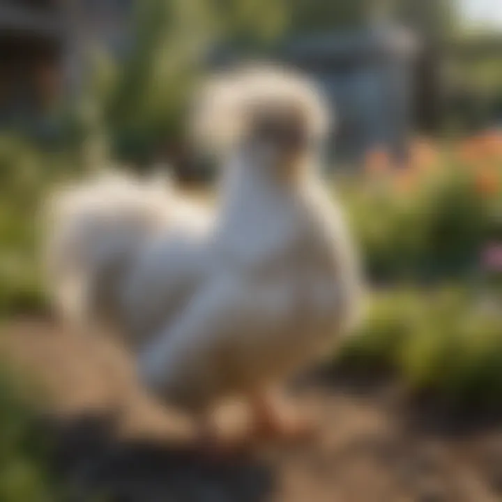 A vibrant Silkie chicken in a garden setting