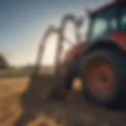 A used hay spear mounted on a front end loader in a field