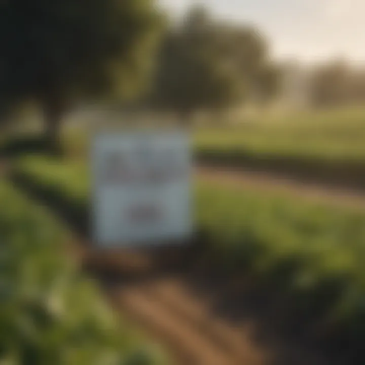 A serene agricultural landscape with a warranty sign