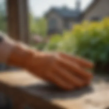 Ergonomically designed gloves resting on a gardening table.