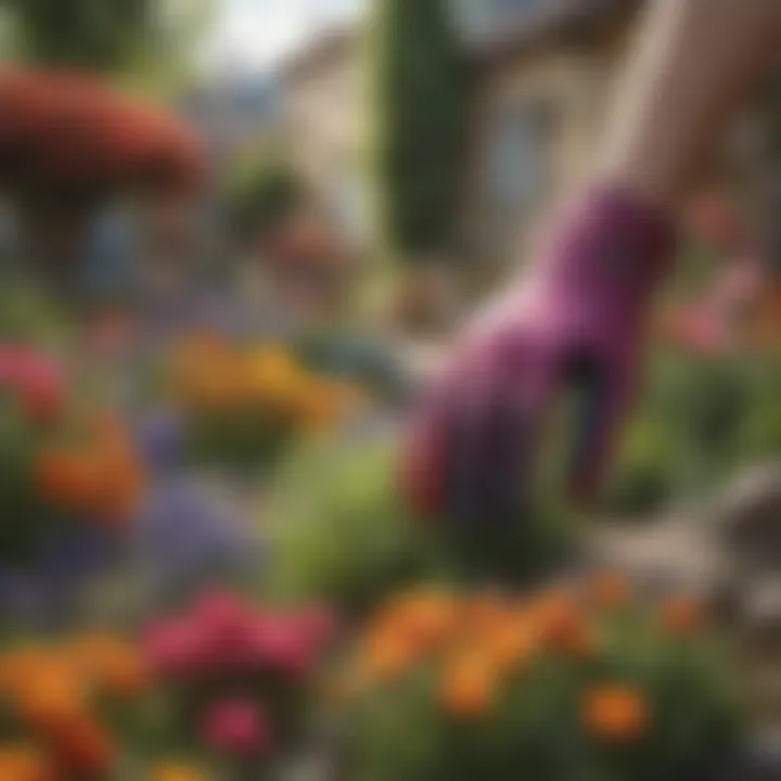 A vibrant garden scene showcasing diverse flowers and gloves.