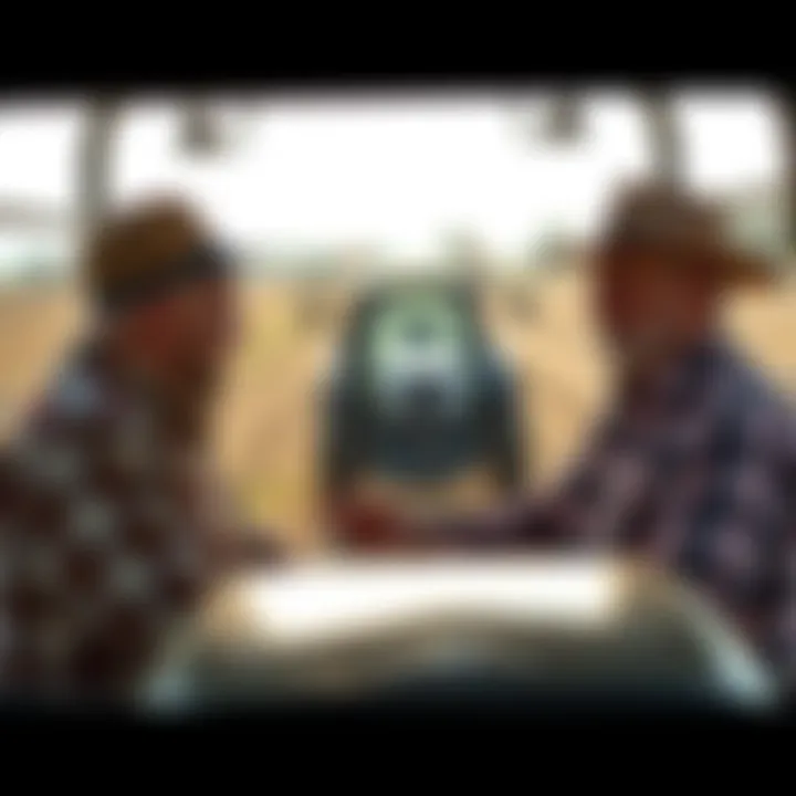 Farmers discussing mobile tractor solutions