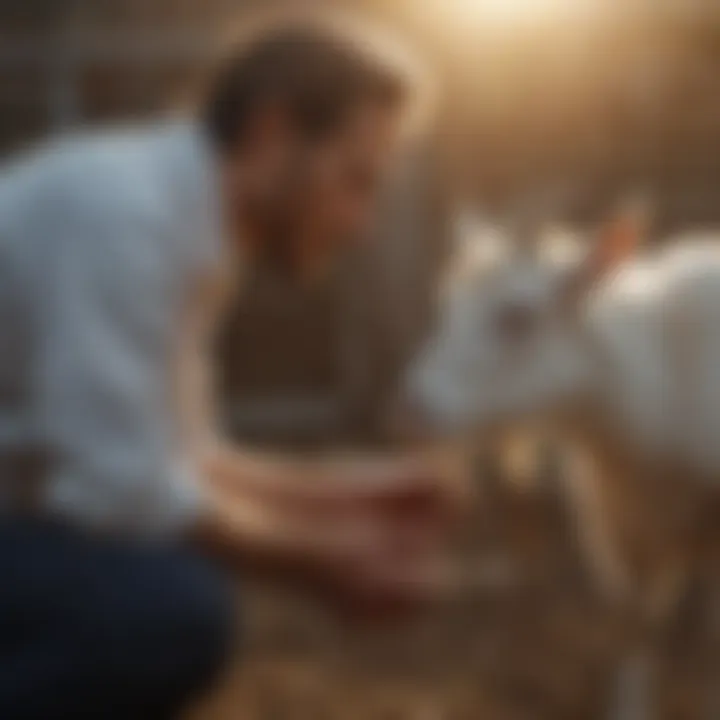 Goat farmer examining the health of a goat