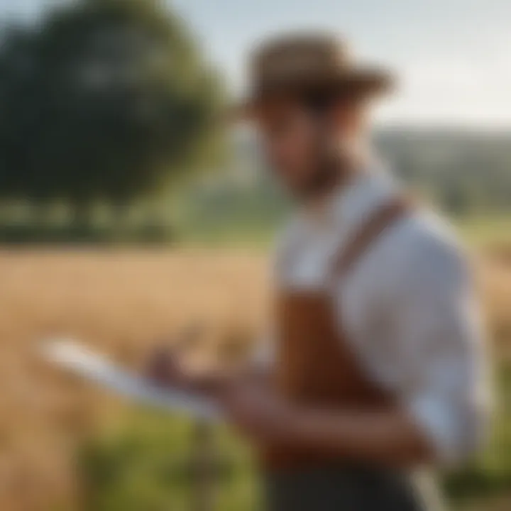 A farmer reviewing application forms for fencing grants in a serene farm setting.