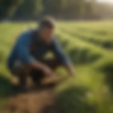 A farmer examining a healthy fescue crop, focusing on sustainable management practices.