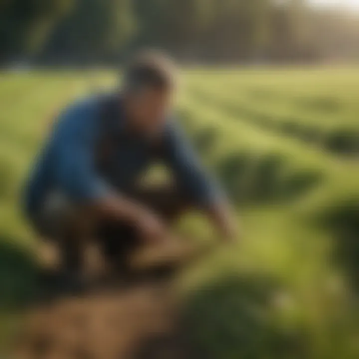 A farmer examining a healthy fescue crop, focusing on sustainable management practices.