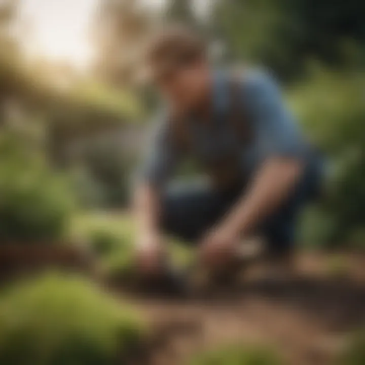 A gardener demonstrating the proper technique for using a sod plugger tool in the garden.