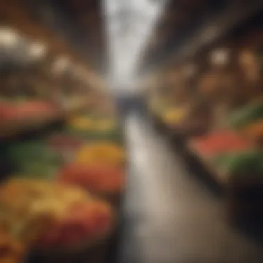 The Marketplace of Choices A vibrant market scene with fresh organic produce and GMO products side by side.