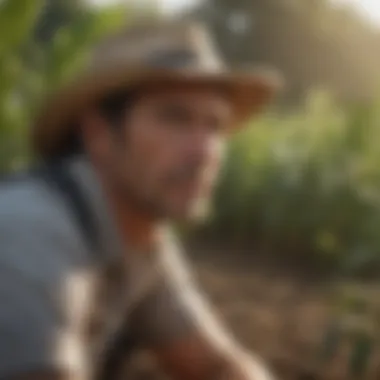 A farmer assessing crops under governmental guidelines