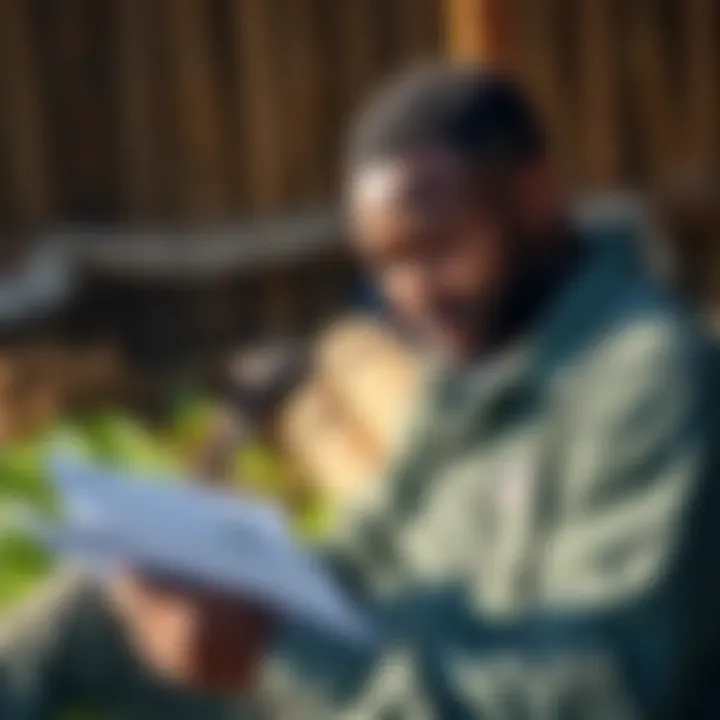 A farmer reviewing grant applications and resources
