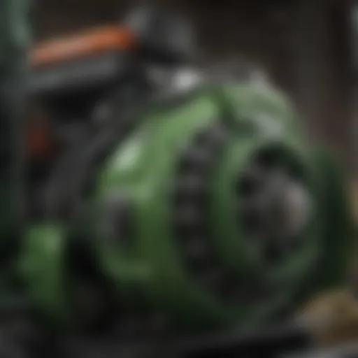 Close-up of the Green Machine snowblower's engine showcasing its robust design.