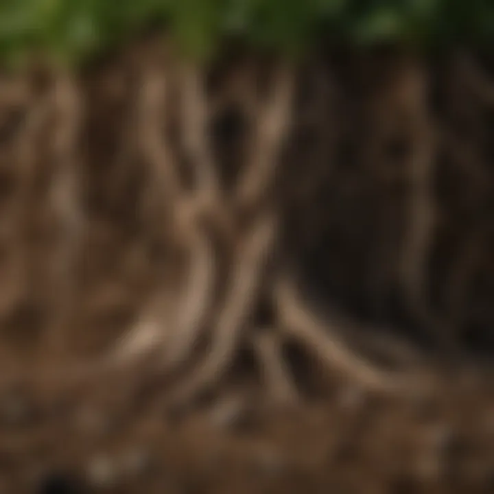 Close-up of soil displaying healthy roots intertwined with nutrient-rich components.