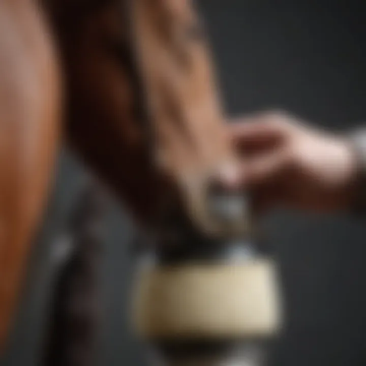 An equine professional applying hoof packing to a horse's hoof